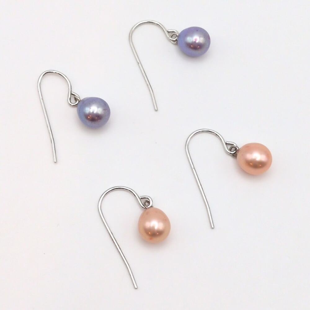 Honora Sterling Silver 925 Dainty Pearl Hook Drop Earrings Pink Purple Two Pairs